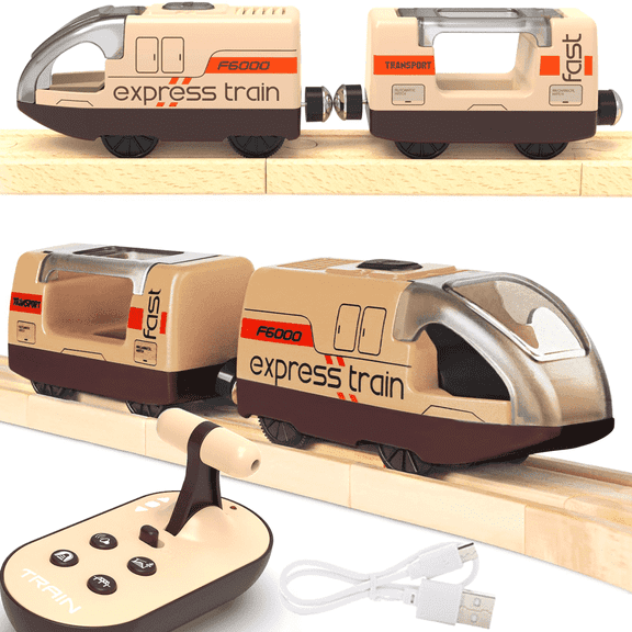Motorised Wooden Rail Train, Remote Control Train with Magnetic Connection, Battery Operated Locomotive Trains for Toddlers, Compatible with Thomas, Brio, Chuggington (Brown)