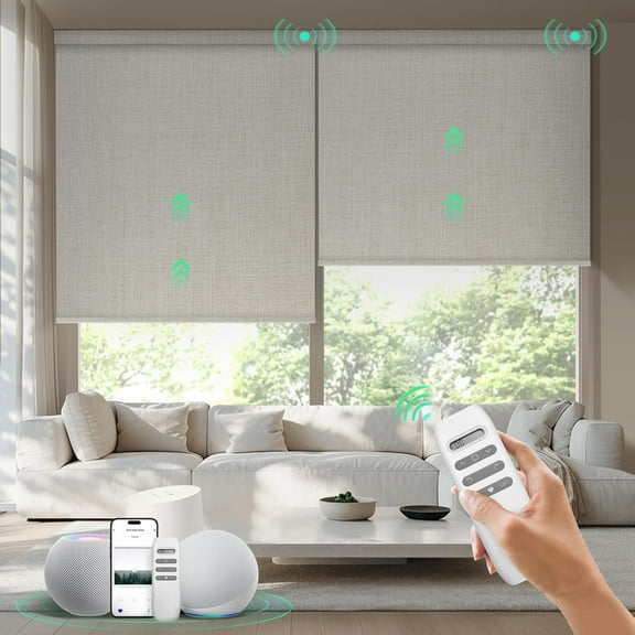 Motorized Blinds with Remote, 100% Blackout Smart Blinds, Motorized Shades, Automatic Blinds for Windows, Electric Blinds Compatible with Alexa Google and Homekit (Manner-Linen BO)