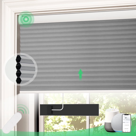 Motorized Cellular Shades with Remote Control Smart Cordless Honeycomb Blinds Blackout Rechargeable Automatic blinds with Free Solar Panel, Electric Blinds for Privacy Protection, 35" W x 64"H Gray