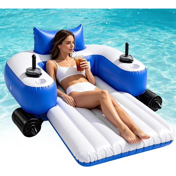 Motorized Floaties for Adults, Water Inflatable Pool Lounger Chair with Joystick Steering, Backrest, Cup Holder and Removable Motor for Summer Beach Lake Swimming Tanning Men Women Lounger