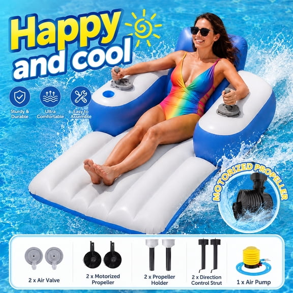 Motorized Inflatable Pool Float for Adults, Dual 66W Motor Rechargeable with Backrest & Cup Holder, Portable Electric Water Float for Pool Lake River Beach Summer