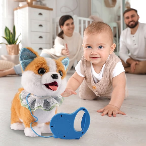 Motorized Plush Robot Dog with Leash Control, Big-Eyes Pup that Walks, Barks, and Reacts with Head Pats and Tongue-Out Expressions, Interactive Toy for Kids
