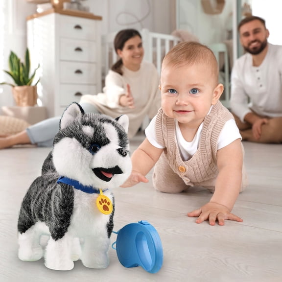 Motorized Plush Robot Dog with Leash Control, Big-Eyes Pup that Walks, Barks, and Reacts with Head Pats and Tongue-Out Expressions, Interactive Toy for Kids