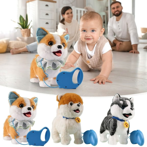 Motorized Plush Robot Dog with Leash Control - Soft Plush Pup with Tongue-Out, Big Eyes, Walk/Bark Functions & Head-Pat Reaction, Interactive Electronic Pet Toy for Ages 3+, 11*11in, A