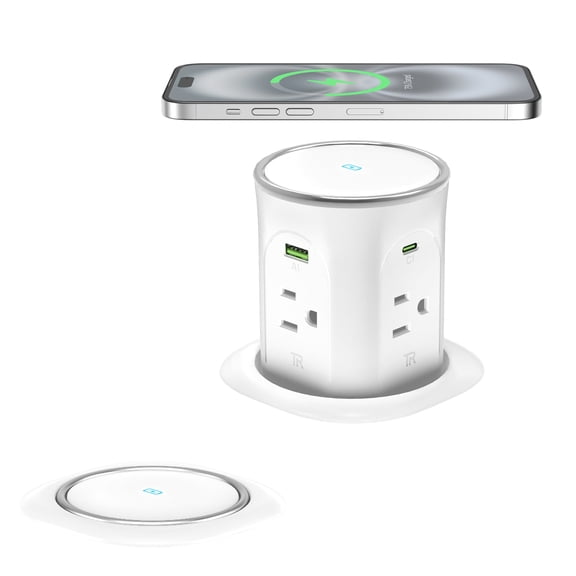 VILONG Motorized Pop Up Outlet with 15W Wireless Charger, 2 PD 45W USB-C Ports, 4 AC Power Outlets, 3.15 Inch Hole Desktop Power Grommet for Kitchen Countertop Office Desk, Fast Charging Station