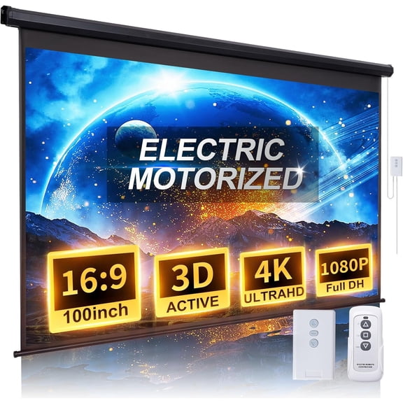 Motorized Projector Screen Pull Down 100 Inch 16:9 HD Automatic with Remote, Electric Retractable Black Projection Portable, Roll Up Movie Screens for Projectors Outdoor Indoor