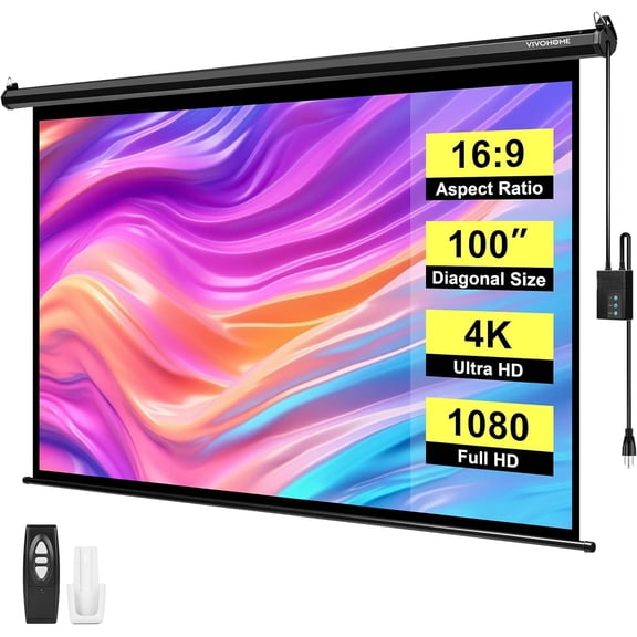 Motorized Projector Screen with Remote, 16:9 100 Inch Auto Electric Projection Screen, HD 4K Movie for Home Theater, Cinema, Office (87 x 49 Black)