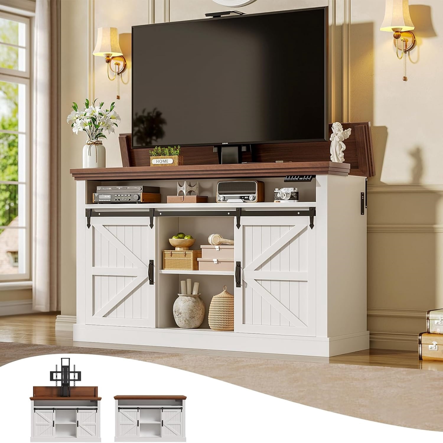 Motorized TV Lift Cabinet for 55-60” TVs, Farmhouse TV Stand, Entertainment Center with Storage Cabinets & Sliding Barn Doors, TV Media Console Table with Charging Station for Living Room, White
