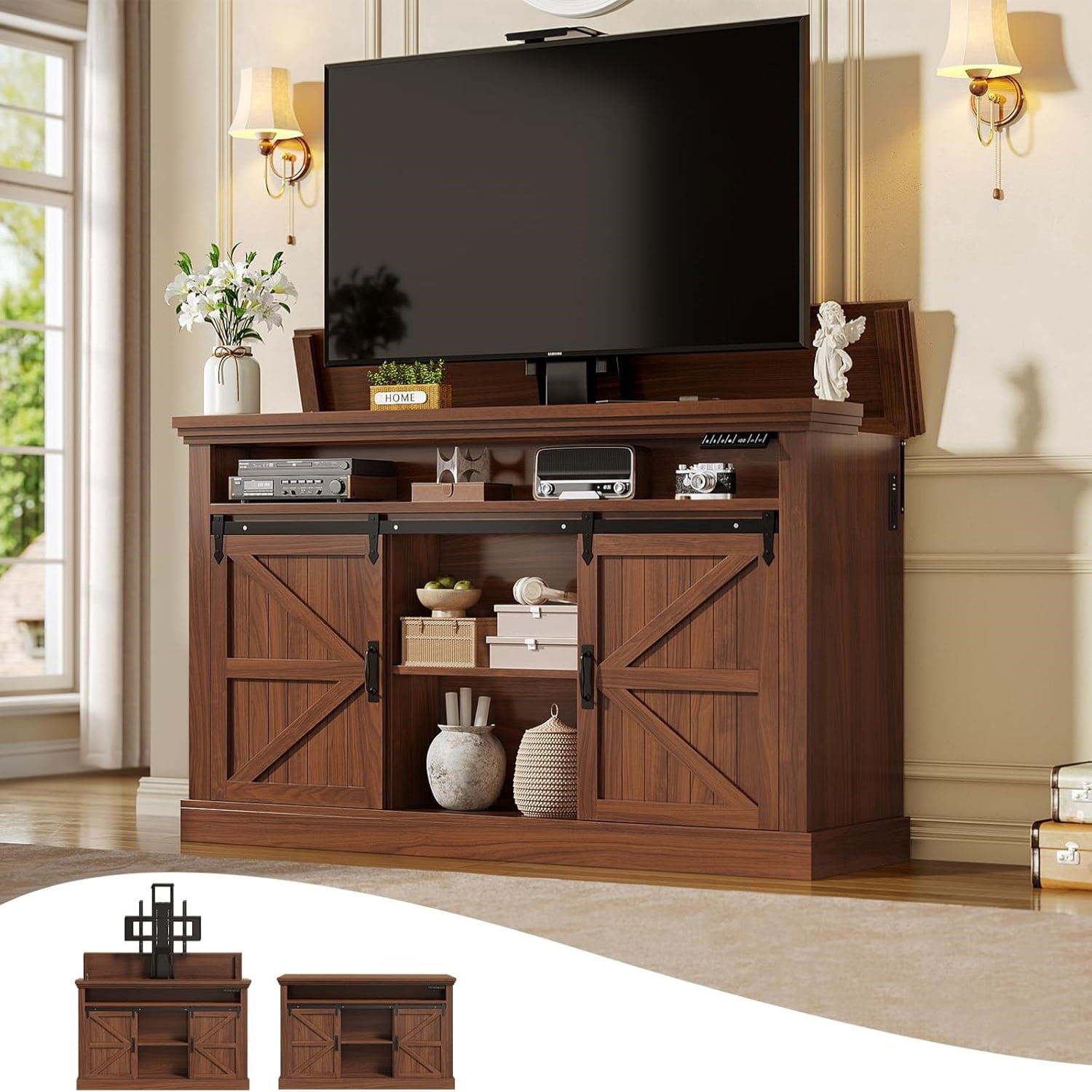 Motorized TV Lift Cabinet for 55-60” TVs, Farmhouse TV Stand, Entertainment Center with Storage Cabinets & Sliding Barn Doors, TV Media Console Table with Charging Station for Living Room, Brown
