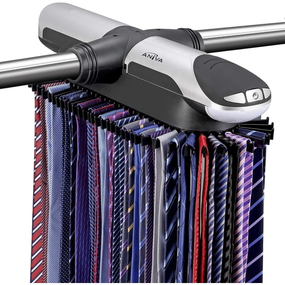 Motorized Tie Rack Closet Organizer with LED Lights Includes J Hooks for Wired Shelving Stores Up to 72 Ties & 8 Belts Operates with Batteries