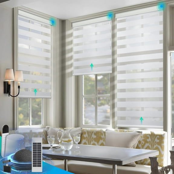 Motorized Zebra Blinds, Solar Powered Dual Layer Automatic Shades with Remote Control, Rechargeable Smart Blinds Horizontal Wireless Electric Shades for Windows, Custom Size, White 34 x 72