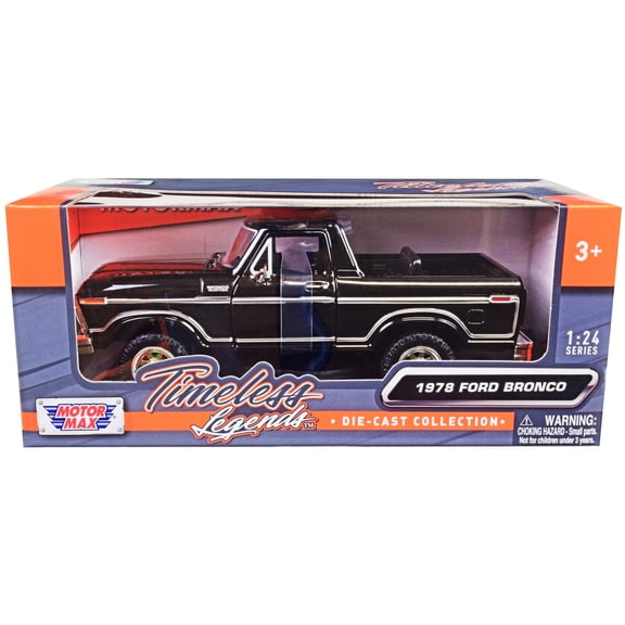 1978 Ford Bronco Custom (Open Top) Black Timeless Legends Series 1 24 Diecast Model Car by Motormax