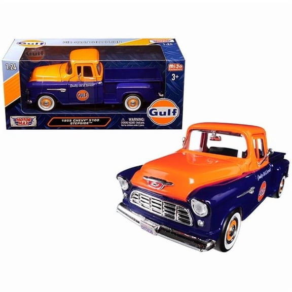 Motormax 1955 Chevrolet 5100 Stepside Pickup Truck Gulf 1-24 Diecast Model Car, Dark Blue & Orange