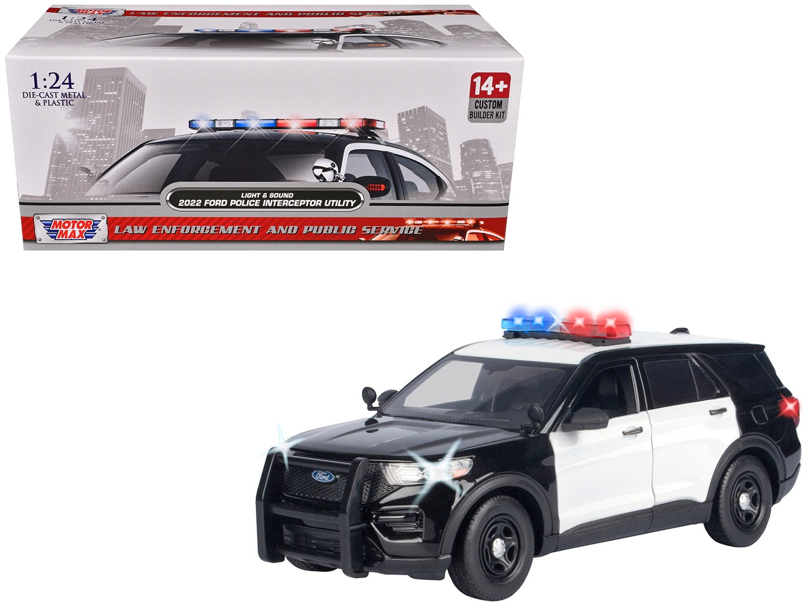 2022 Ford Police Interceptor Utility Black and White "Builders Kit" with Flashing Light Bar and Front and Rear Lights and Sounds 1/24 Diecast Model Car by Motormax