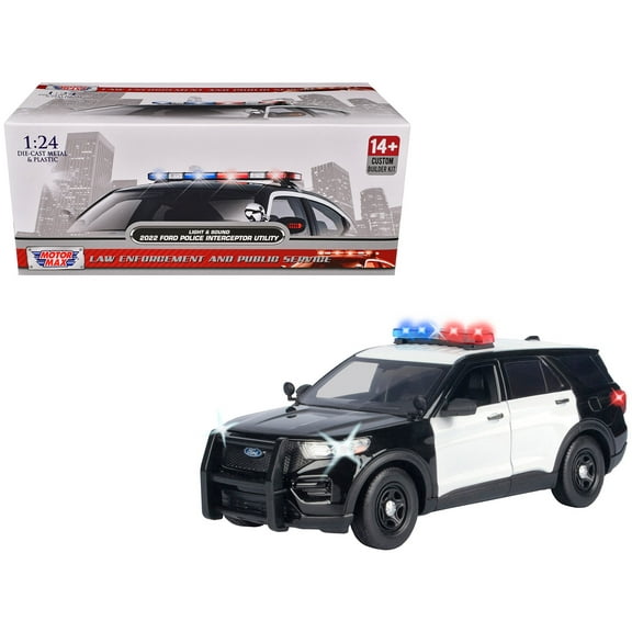 2022 Ford Police Interceptor Utility Black and White "Builders Kit" with Flashing Light Bar and Front and Rear Lights and Sounds 1/24 Diecast Model Car by Motormax