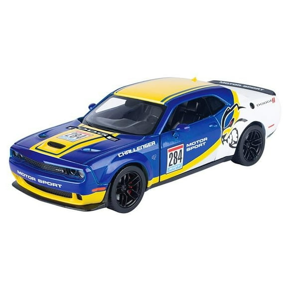 Motormax 73792 2018 Dodge Challenger SRT Hellcat Widebody No.284 Blue Metallic & White with Yellow Graphics GT Racing Series 1-24 Diecast Model Car