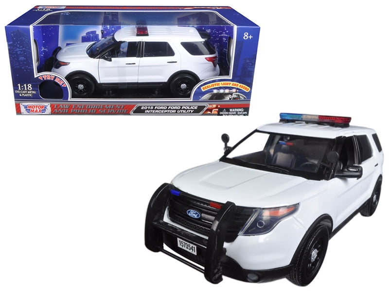 2015 Ford Police Interceptor Utility White w/Flashing Light Bar, Front,Rear Lights, 2 Sounds 1/18 Diecast Model Motormax