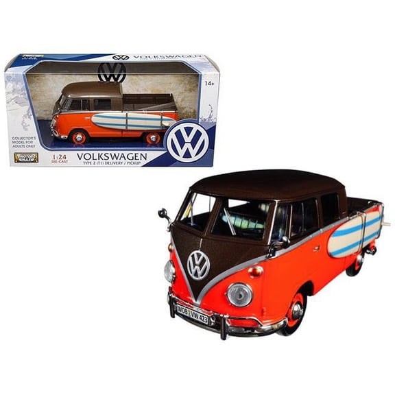 Motormax Toy 79560 1 isto 24 Volkswagen Type 2 T1 Pickup with Surfboard Diecast Model Car - Brown & Orange