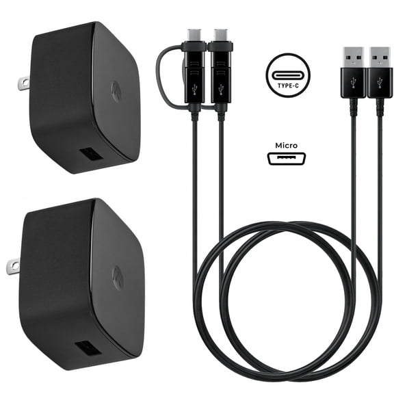Motorola 2-Pack 15W TurboPower USB Wall Chargers with 2-in-1 USB-C & Micro-USB 5ft Cables – Fast Charging for Android & iOS Devices