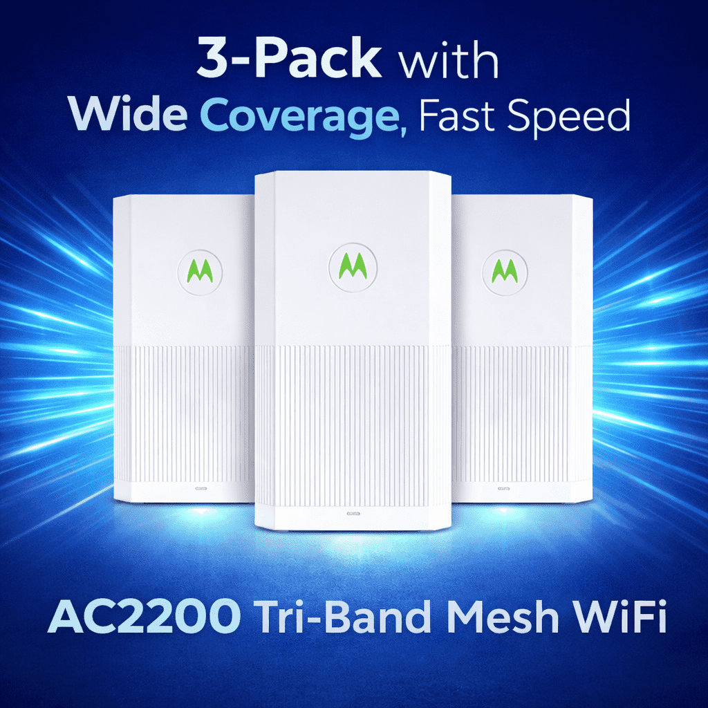 Motorola AC2200 Tri-Band Mesh whole home/small business WiFi system Coverage up to 9,000 sq ft | 3-pack Router | Easy Setup, Network Protection, Parental Controls ,Mobile App Manage
