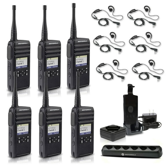 Motorola DTR700 Digital 2-Way Radio (50 Channels) (DTR700) + Multi-Unit Charger + 6 x Motorola HKLN4604 PTT Earpiece (6-Pack)