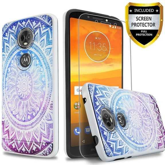 Motorola E5 Plus Case, 2-Piece Style Hybrid Shockproof Hard Case Cover with [Tempered Glass Screen Protector] Hybird Shockproof And Circlemalls Stylus Pen-Bright Mandala Flower