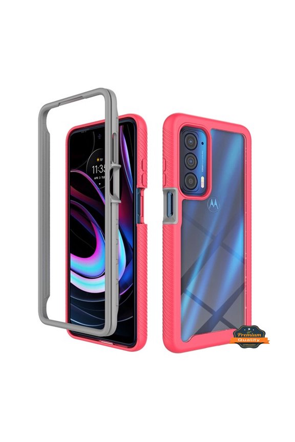 For Motorola Edge 2021 Full Body Armor Slim Hybrid Double Layer Hard PC + TPU Transparent Back Rugged Shockproof Phone Case Cover by Xpression [Clear / Pink]
