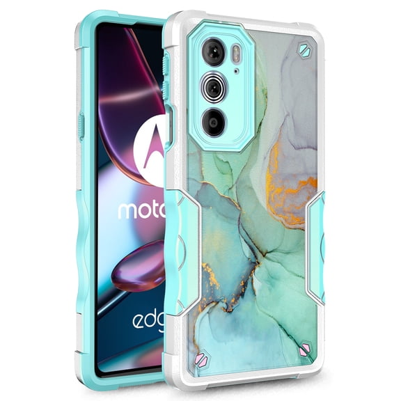 Motorola Edge 2022 Case, Rosebono Hybrid Dual Layer Graphic Design Pattern Heavy Duty Protection Case For Motorola Edge 2022 (Green Marble)