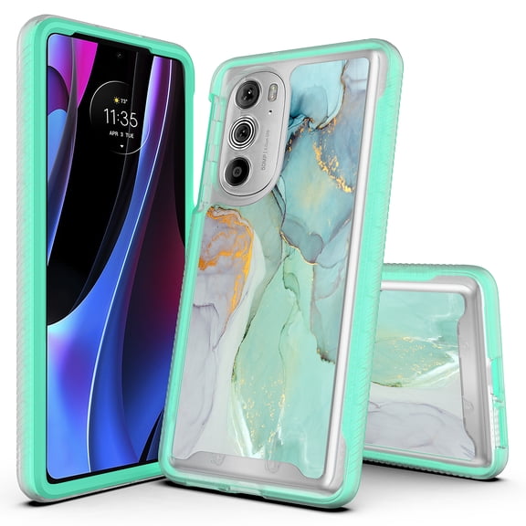 Rosebono Shockproof Charging Cell Phone Case for Motorola Edge, Green Marble