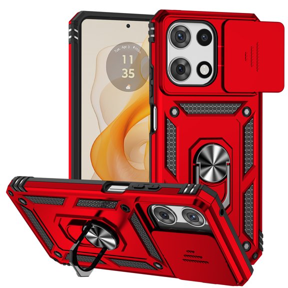 for Motorola Edge (2024) Case Heavy Duty Military Grade Protection,Camera Lens Slide Protection & 360°Rotate Magnetic Car Mount Holder Kickstand Rugged Shockproof Drop Hard Shell,Red
