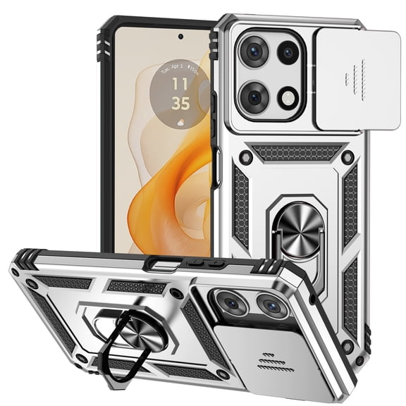 for Motorola Edge 2024 Case, Soft TPU & Hard PC Anti-scratch Sliding Cover Full Protection Ring Stand Rotating Kickstand Holder Magnetic Shockproof Phone Case Cover, Silver