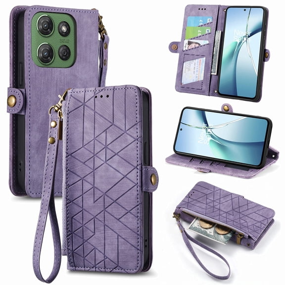 For Motorola Edge (2024) Case Wallet,Retro High Quality Zipper Pouch PU Leather Strap Flip Case with Magnetic Closure,[RFID Blocking] Card Holder Kickstand for Motorola Edge (2024),Purple