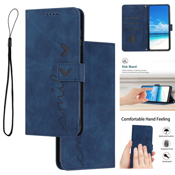 For Motorola Edge (2024) Flip [RFID Blocking] Wallet Case,Love Heart Embossed PU Leather Shockproof Soft Inner TPU Folio Kickstand Card Slots Phone Cover with Wrist Strap for Women Men,Blue