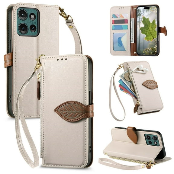 For Motorola Edge (2024) Flip Wallet Phone Case,With Shoulder Strap&Wrist Strap,Flip Fold Kickstand,With Card Slots,Zipper Pocket,Leaf Magnetic Closure,Shockproof Anti-fall Phone Case,White