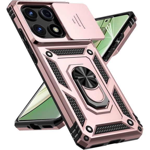 for Motorola Edge 2025 Case, with Slide Camera Cover HD Screen Protector [Military Grade Drop Tested] Magnetic Ring Holder Kickstand Protective Phone Case for Motorola Moto Edge 2025, Rose Gold