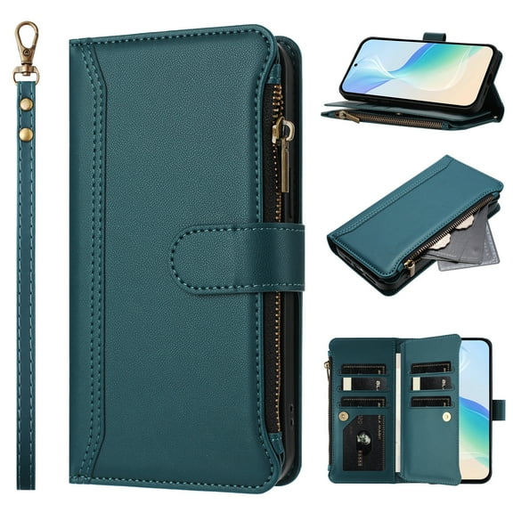 for Motorola Edge 2025 Flip Wallet Case, PU Leather Protective Rugged Cover with Card Slots Zipper Pocket Shock-Absorbent Kickstand Magnetic Lanyard & Shoulder Strap, Darkgreen