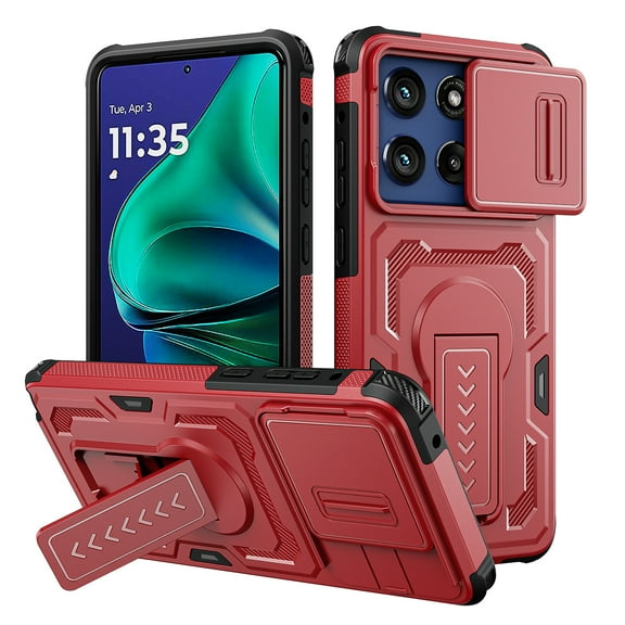 For Motorola Edge (2025) Phone Case,WIth Invisible Kickstand,Sliding Camera Cover,Military Grade Protective Heavy Duty Protection Shockproof Anti-Scratch Rugged Durable Phone Case,Red