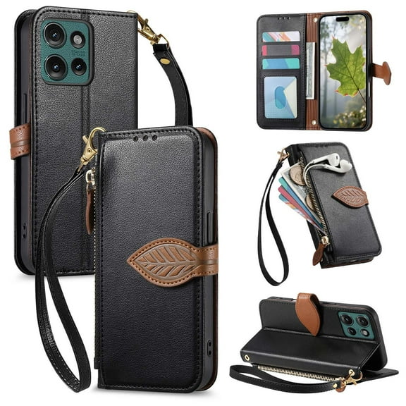 For Motorola Edge (2025) Wallet Phone Case,PU Leather Flip Fold Kickstand,With Wrist Strap+Shoulder Strap,Card Holder,Zipper Pocket,Leaf Design Magnetic Closure Shockproof Durable Case,Black