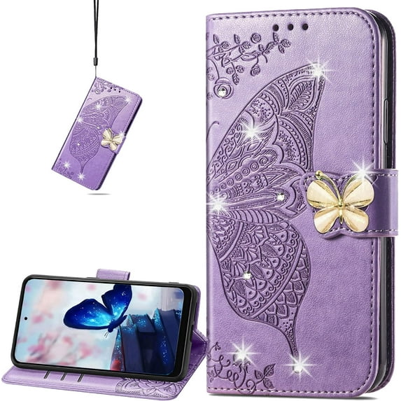 for Motorola Edge 30 Fusion 6.55" Wallet Case for Women Girls, Shiny Butterfly Flower PU Leather Cover with Card Slot Holder Flip Phone Case for Motorola Edge 30 Fusion Rhinestone Purple