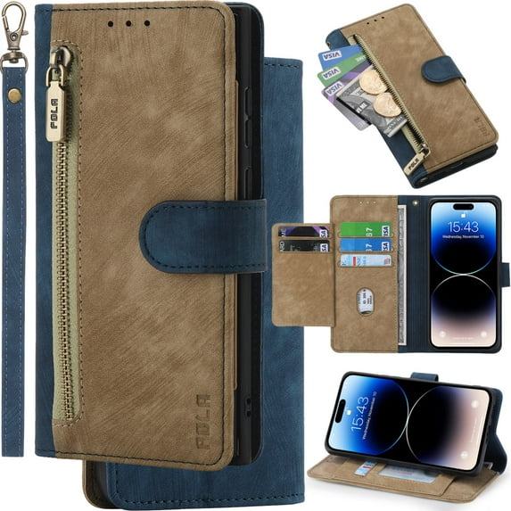 for Motorola Edge 30 Leather Phone Case Wallet, Colors-block Style Folio Flip Cover Zipper Pocket, Anti-theft Multi Card Slot Cash Holder Photo Bag, Magnetic Buckle, Wrist Lanyard