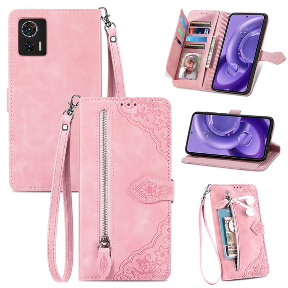 for Motorola Edge 30 Neo Case for Women, Wallet Case with Zipper Pocket Purse Flower Embossed PU Leather Card Slots Wrist Strap Flip Folio Protective Cover for Motorola Edge 30 Neo, Pink