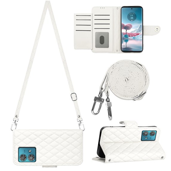 for Motorola Edge 40 Neo Wallet Case, Elegant Card Holder Cash Slot PU Leather Kickstand Shoulder Strap Shockproof Protective Flip Women Girls Case Cover for Moto G 5G 2023, White