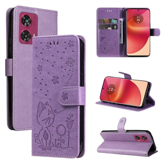 For Motorola Edge 50 Fusion 6.7" Cat&Bee Patterned Embossed Strong Magnetic Attachment/Closure, Card Slots/Pocket, PU Leather Flip Wallet Case ,Purple