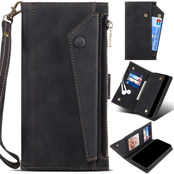 for Motorola Edge 50 Fusion Leather Phone Case Nubuck Suede Wallet Zipper Pocket Bag Magnetic Flip Cover, RFID Blocking Multiple Card Holder Slot, Detachable Crossbody Lanyard + Wrist Strap