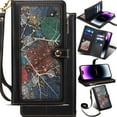 thumbnail image 1 of for Motorola Edge 50 Leather Phone Case Wallet Bag Zipper Pocket, Leaf Floral Fold Flip Cover Kickstand, Magnetic 3-Layers RFID Blocking Card Holder Slot, Hand Lanyard + Shoulder Strap, 1 of 8