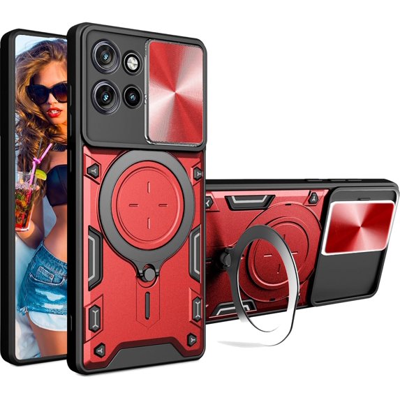 for Motorola Edge 50 Neo 5G 6.4" Case with Magnetic Ring Kickstand, Rugged Military Grade Shockproof Heavy Duty Case with Slide Camera Lens Cover for Motorola Edge 50 Neo JS-Red