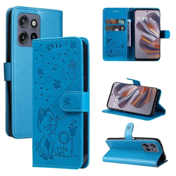For Motorola Edge 50 Neo 6.4" Cat&Bee Patterned Embossed Strong Magnetic Attachment/Closure, Card Slots/Pocket, PU Leather Flip Wallet Case ,Blue,For Motorola Edge 50 Neo