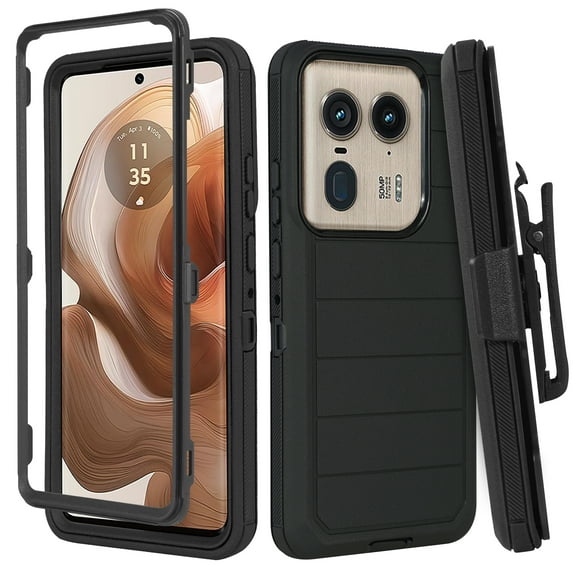 For Motorola Edge 50 Ultra Case with Belt Clip, Slim Full Protection Hybrid Defender Case & Rotating Belt Clip Holster with Built in Kickstand Pro Black