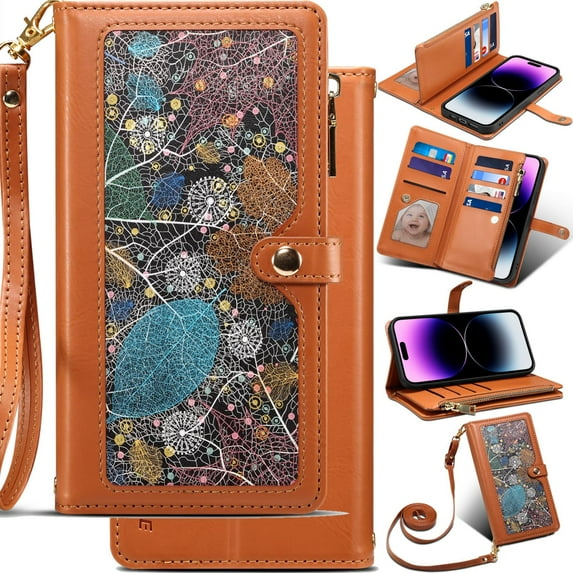 for Motorola Edge 50Neo Leather Phone Case Wallet Bag Zipper Pocket, Leaf Floral Fold Flip Cover Kickstand, Magnetic 3-Layers RFID Blocking Card Holder Slot, Hand Lanyard + Shoulder Strap