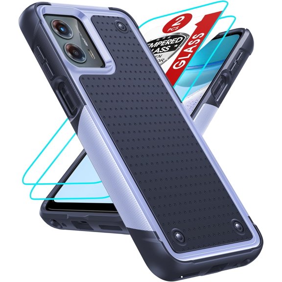 for Motorola G 5G 2023 Phone Case, Moto G 5G Case with [2 Pack] Tempered Glass Screen Protectors, Heavy Duty Dual Layer Protective Hard PC Back & Soft Bumper Case for Motorola G 5G, Purple